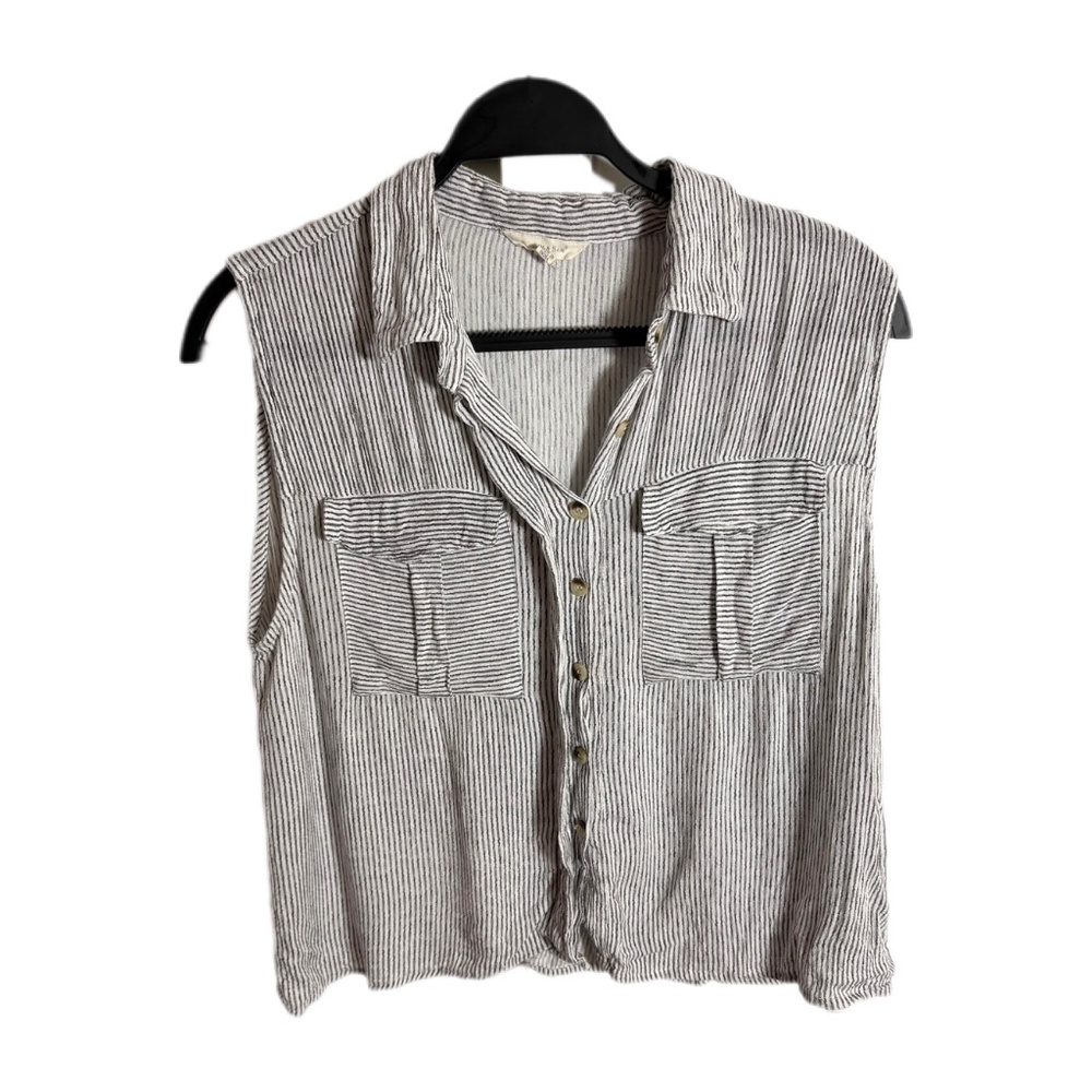Sim & Sam Button Down Sleeveless Blouse/Shirt w/ Dark Grey Stripes